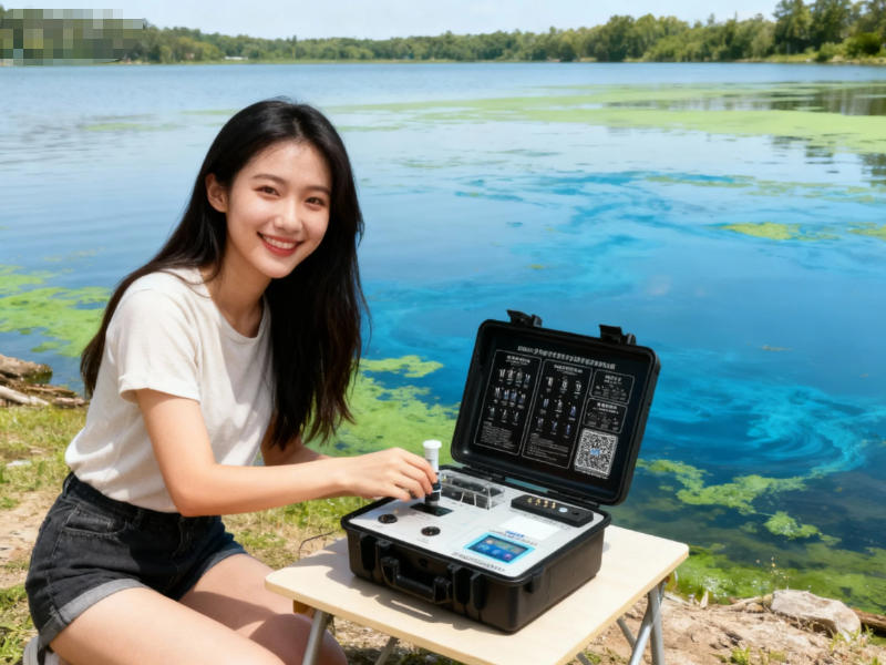 戶外現(xiàn)場使用便攜式多參數(shù)水質(zhì)測定儀檢測湖水水質(zhì)