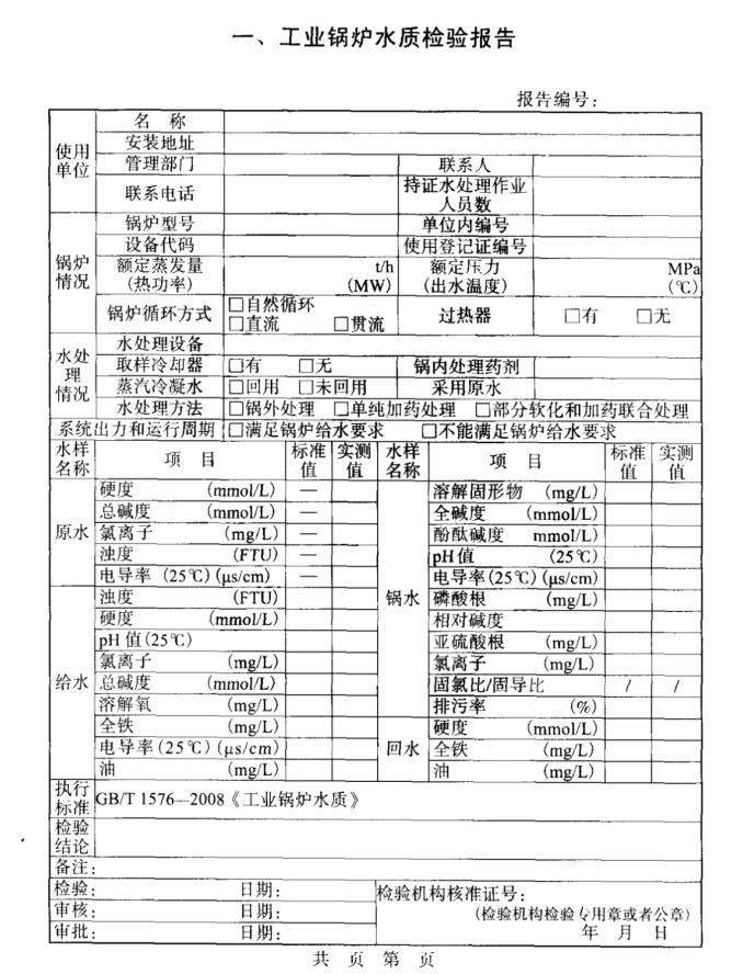 工業鍋爐水質檢驗報告模板